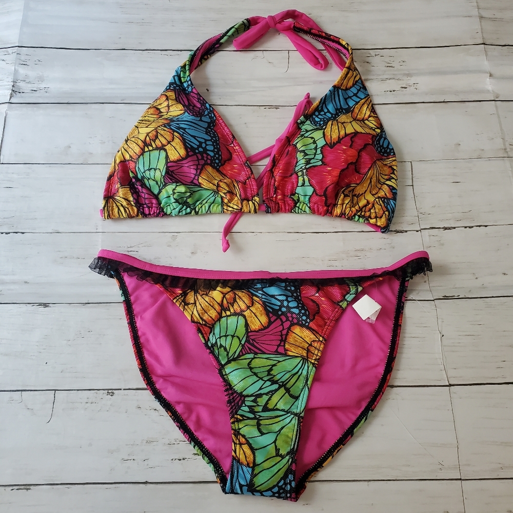 Nwt xoxo butterfly bikini swim set y2k 90s style size large halter tie Shimmer
